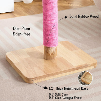 29" Tall Solid Wood Cat Scratching Post for Indoor Cats, Extra Stable Heavy Base, Natural Sisal Scratcher with Hanging Ball, Furniture Protector for Kittens & Adult Cats, Pink