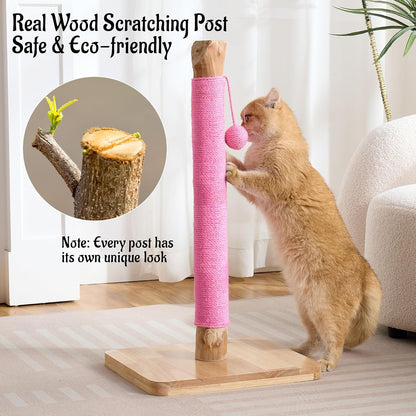 29" Tall Solid Wood Cat Scratching Post for Indoor Cats, Extra Stable Heavy Base, Natural Sisal Scratcher with Hanging Ball, Furniture Protector for Kittens & Adult Cats, Pink