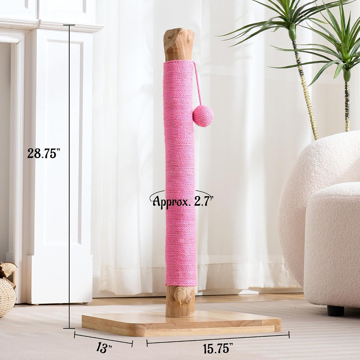 29" Tall Solid Wood Cat Scratching Post for Indoor Cats, Extra Stable Heavy Base, Natural Sisal Scratcher with Hanging Ball, Furniture Protector for Kittens & Adult Cats, Pink