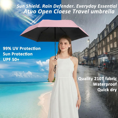 Compact Travel Umbrella Small Windproof Auto Open Close for UV Sun Protection UPF 50+ and Rain Fits Backpack Purse & Suitcase