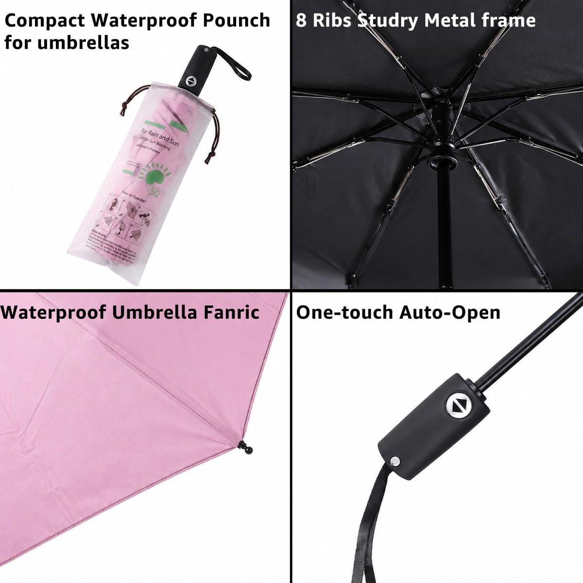 Compact Travel Umbrella Small Windproof Auto Open Close for UV Sun Protection UPF 50+ and Rain Fits Backpack Purse & Suitcase