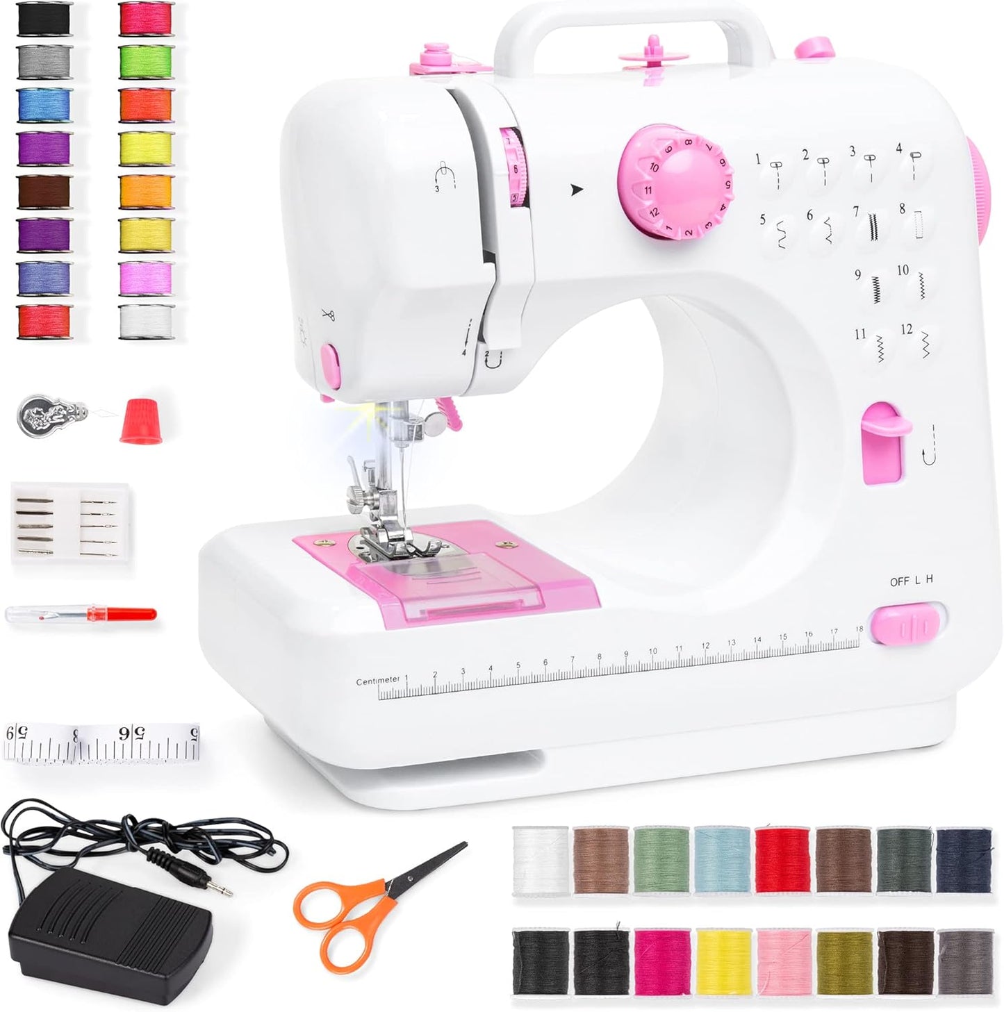 Compact Sewing Machine, 42-Piece Beginners Kit, Multifunctional Portable 6V Beginner Sewing Machine w/ 12 Stitch Patterns, Light, Foot Pedal, Storage Drawer - Pink/White