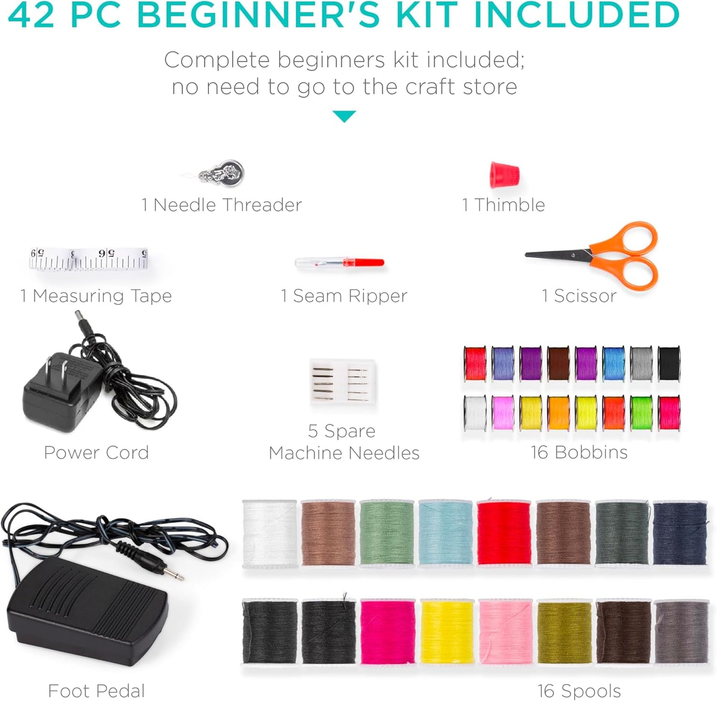 Compact Sewing Machine, 42-Piece Beginners Kit, Multifunctional Portable 6V Beginner Sewing Machine w/ 12 Stitch Patterns, Light, Foot Pedal, Storage Drawer - Pink/White