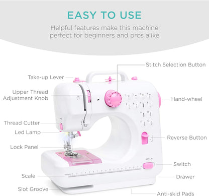 Compact Sewing Machine, 42-Piece Beginners Kit, Multifunctional Portable 6V Beginner Sewing Machine w/ 12 Stitch Patterns, Light, Foot Pedal, Storage Drawer - Pink/White