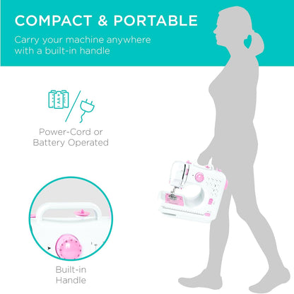 Compact Sewing Machine, 42-Piece Beginners Kit, Multifunctional Portable 6V Beginner Sewing Machine w/ 12 Stitch Patterns, Light, Foot Pedal, Storage Drawer - Pink/White