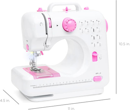 Compact Sewing Machine, 42-Piece Beginners Kit, Multifunctional Portable 6V Beginner Sewing Machine w/ 12 Stitch Patterns, Light, Foot Pedal, Storage Drawer - Pink/White