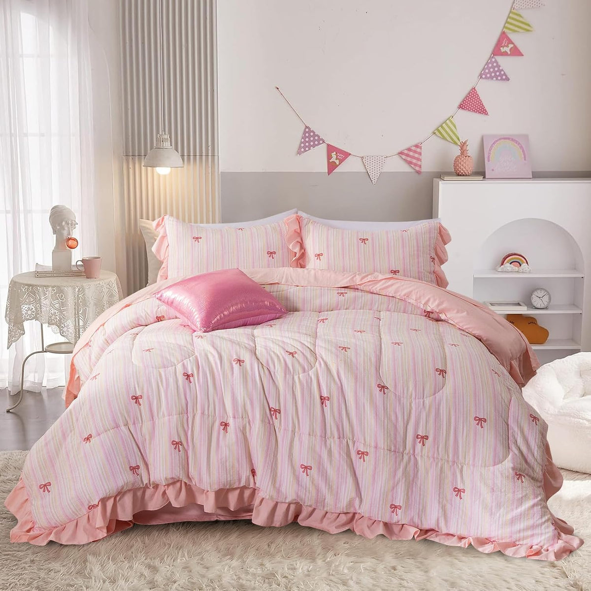 Pink Bow Comforter Set 6 Piece, Cute Ribbon Bowknot Bedding Set, Princess Rainbow Comforter and Sheet Set Dreamy Lightweight Soft Bed Set for Girls (Pink Colorful, Twin 6Pcs)