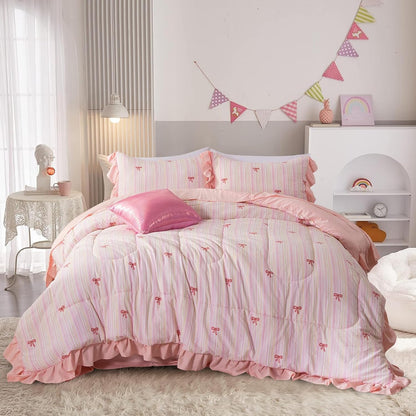 Pink Bow Comforter Set 6 Piece, Cute Ribbon Bowknot Bedding Set, Princess Rainbow Comforter and Sheet Set Dreamy Lightweight Soft Bed Set for Girls (Pink Colorful, Twin 6Pcs)
