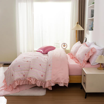 Pink Bow Comforter Set 6 Piece, Cute Ribbon Bowknot Bedding Set, Princess Rainbow Comforter and Sheet Set Dreamy Lightweight Soft Bed Set for Girls (Pink Colorful, Twin 6Pcs)