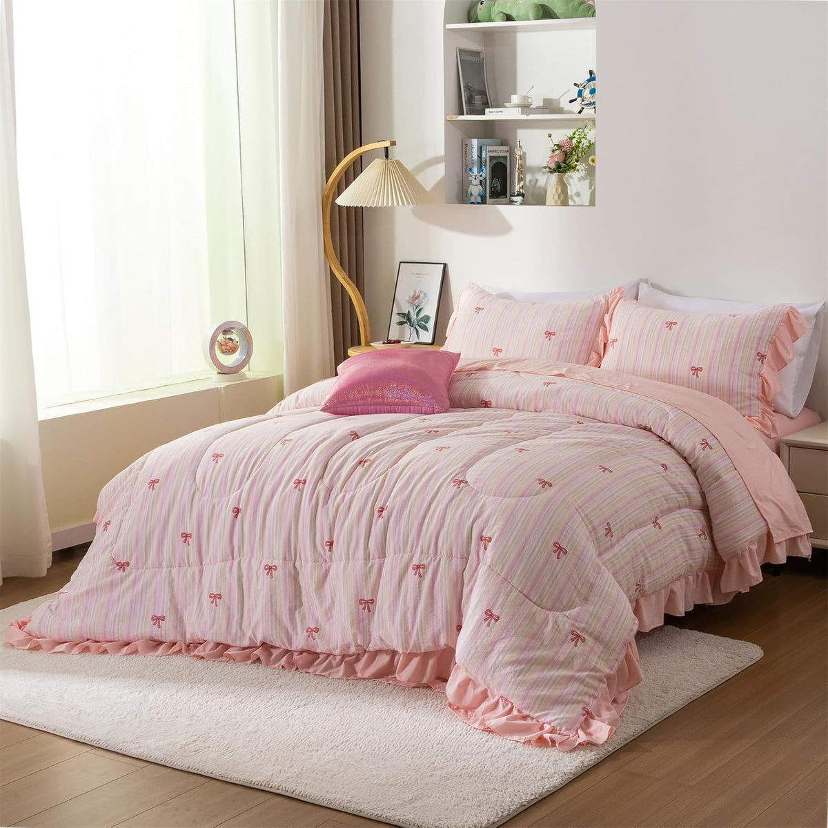 Pink Bow Comforter Set 6 Piece, Cute Ribbon Bowknot Bedding Set, Princess Rainbow Comforter and Sheet Set Dreamy Lightweight Soft Bed Set for Girls (Pink Colorful, Twin 6Pcs)
