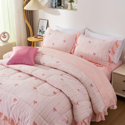 Pink Bow Comforter Set 6 Piece, Cute Ribbon Bowknot Bedding Set, Princess Rainbow Comforter and Sheet Set Dreamy Lightweight Soft Bed Set for Girls (Pink Colorful, Twin 6Pcs)
