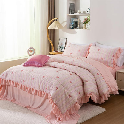 Pink Bow Comforter Set 6 Piece, Cute Ribbon Bowknot Bedding Set, Princess Rainbow Comforter and Sheet Set Dreamy Lightweight Soft Bed Set for Girls (Pink Colorful, Twin 6Pcs)