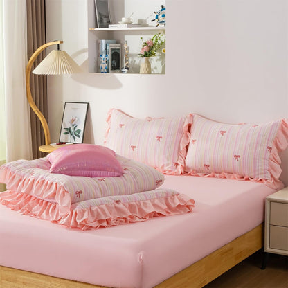 Pink Bow Comforter Set 6 Piece, Cute Ribbon Bowknot Bedding Set, Princess Rainbow Comforter and Sheet Set Dreamy Lightweight Soft Bed Set for Girls (Pink Colorful, Twin 6Pcs)