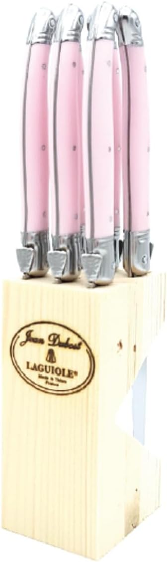 Steak Knives with Pink Handles - 6 Piece Kitchen Knife with Wooden Block - Dishwasher Safe Cutlery Set for Dining Table, Parties and Everyday Use (Pink)