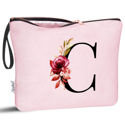 A-Z Personalized Makeup Bag, Birthday Gifts for Women Mom, Gifts for Best Friend, Bride Bridesmaid Cosmetic bag (C, Pink)