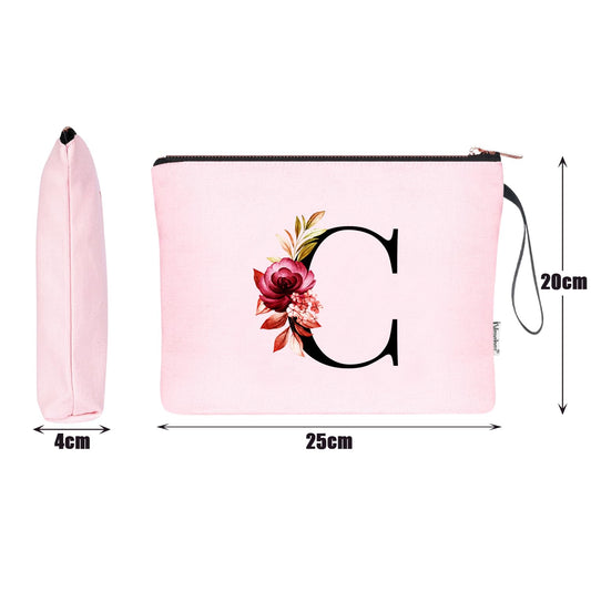 A-Z Personalized Makeup Bag, Birthday Gifts for Women Mom, Gifts for Best Friend, Bride Bridesmaid Cosmetic bag (C, Pink)
