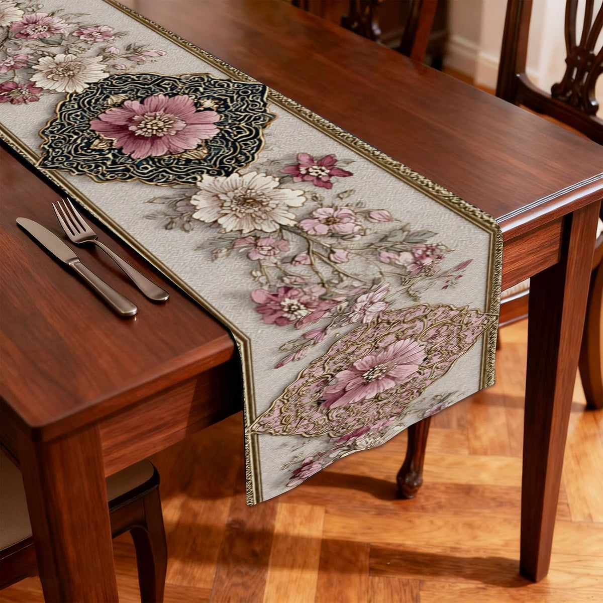 Pink Floral Table Runner Flax 13x72 in