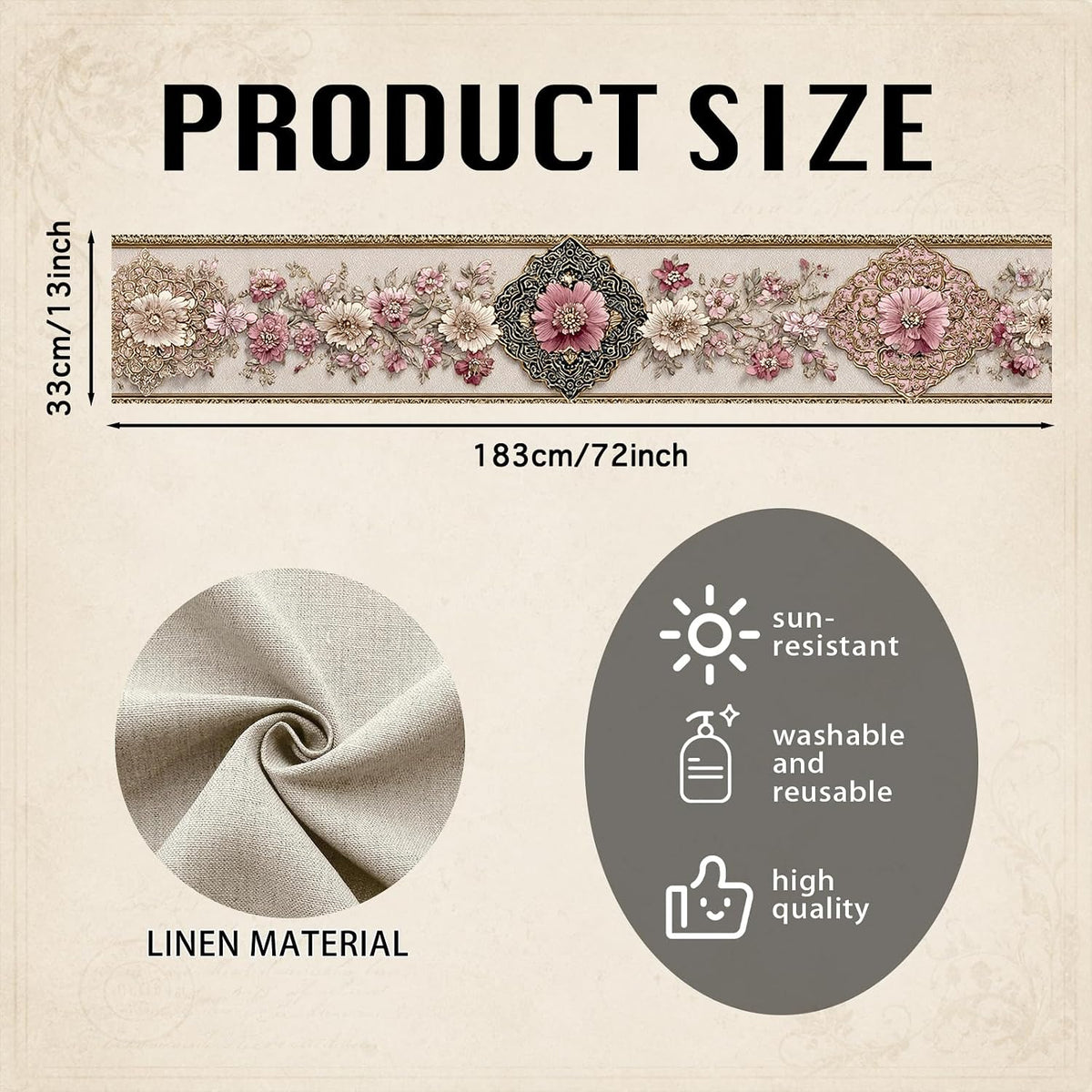 Pink Floral Table Runner Flax 13x72 in