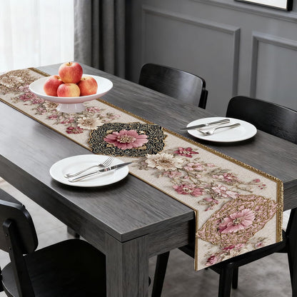 Pink Floral Table Runner Flax 13x72 in