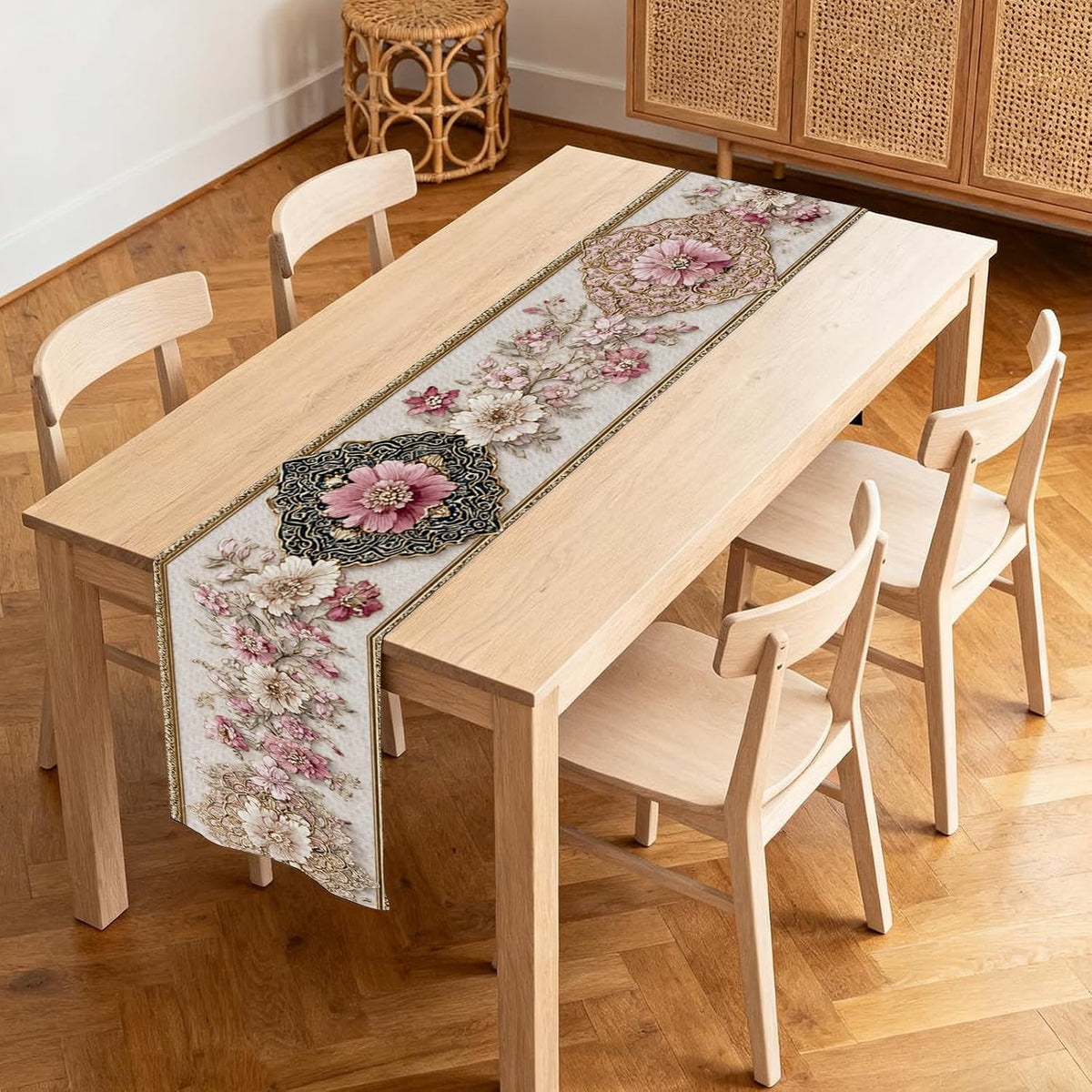 Pink Floral Table Runner Flax 13x72 in
