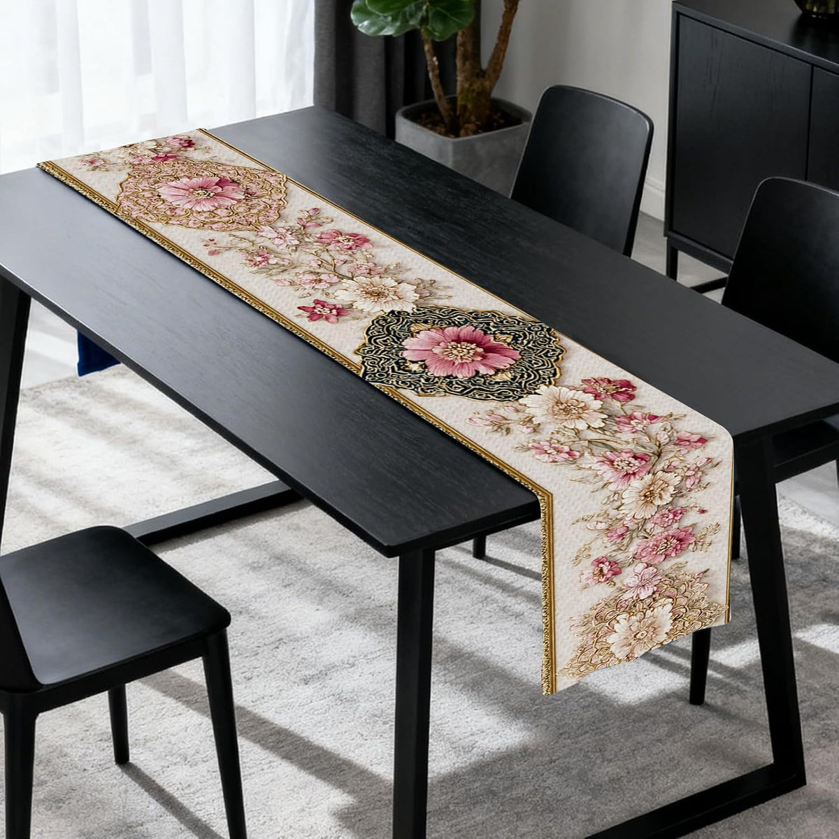 Pink Floral Table Runner Flax 13x72 in
