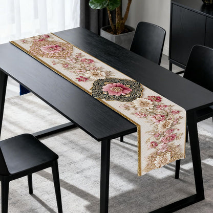 Pink Floral Table Runner Flax 13x72 in