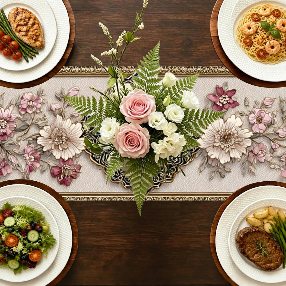 Pink Floral Table Runner Flax 13x72 in