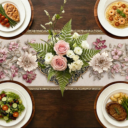 Pink Floral Table Runner Flax 13x72 in