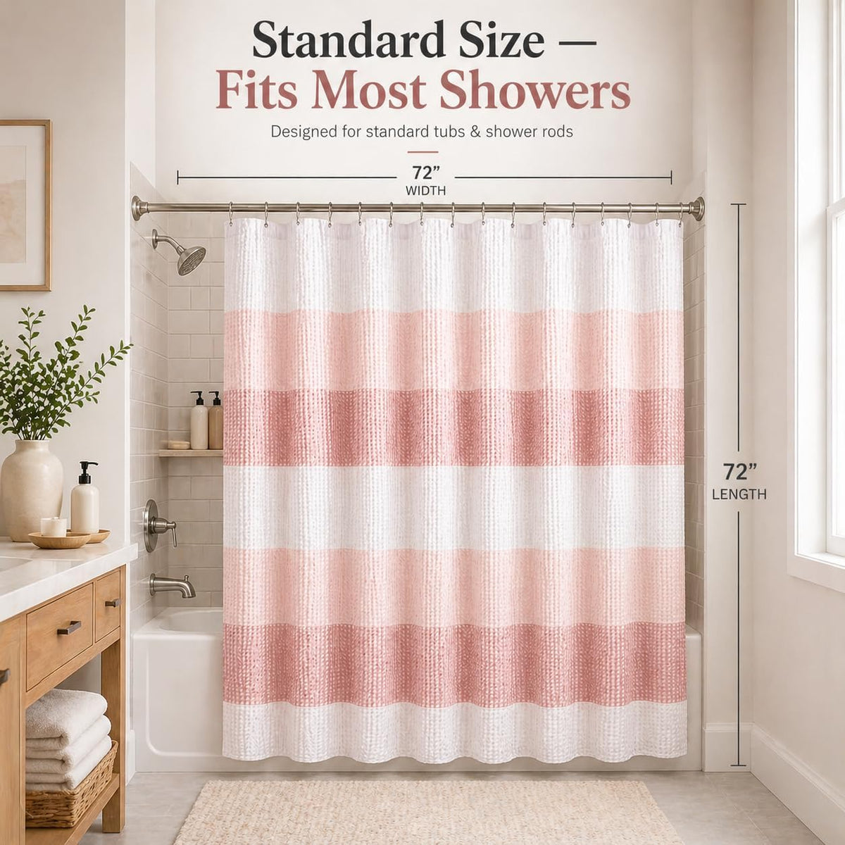 Ombre Waffle Weave Shower Curtain 70 x 72 Blush Textured Fabric Shower Curtain, Hotel Style Waffle Weave Bathroom Curtain, Water Resistant Polyester Ombre Shower Curtain