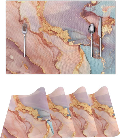 Placemats Set of 4, Slip Place Mats for Dining Table, Fall PVC Table Placemats Washable and Heat Resistant, Modern Table Mats for Kitchen, Dining, Party, Outdoor（Pink Gilded Marble）