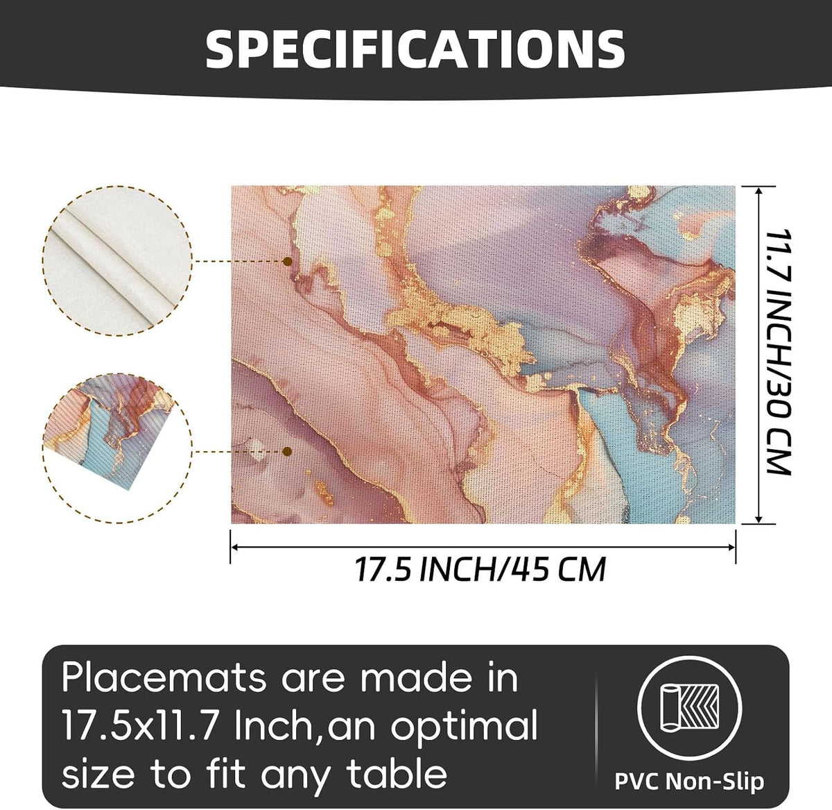 Placemats Set of 4, Slip Place Mats for Dining Table, Fall PVC Table Placemats Washable and Heat Resistant, Modern Table Mats for Kitchen, Dining, Party, Outdoor（Pink Gilded Marble）