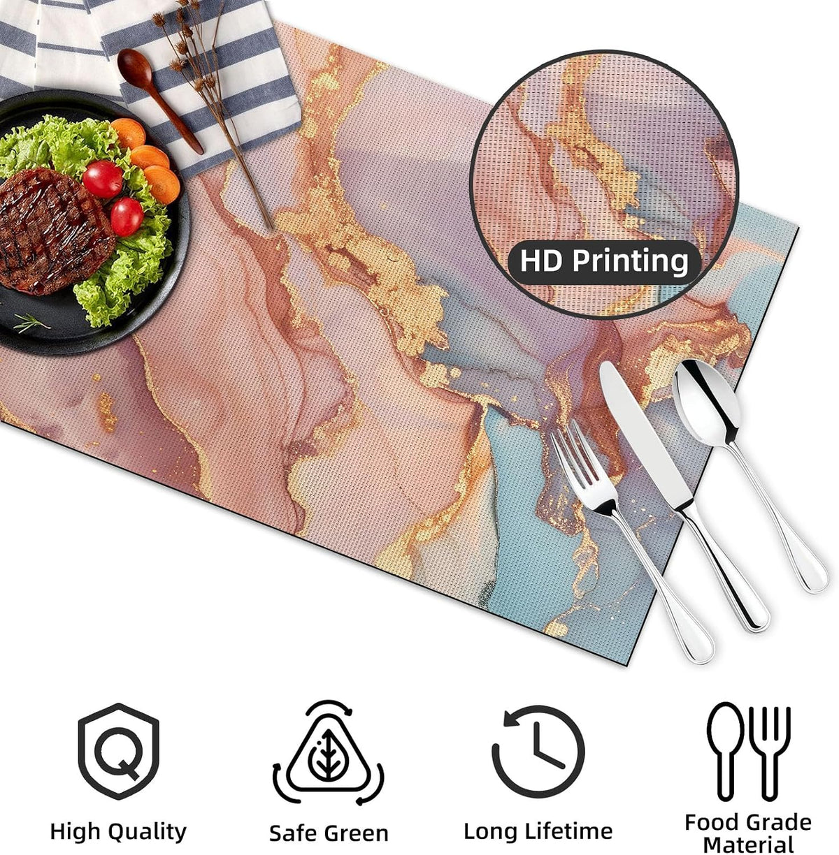 Placemats Set of 4, Slip Place Mats for Dining Table, Fall PVC Table Placemats Washable and Heat Resistant, Modern Table Mats for Kitchen, Dining, Party, Outdoor（Pink Gilded Marble）