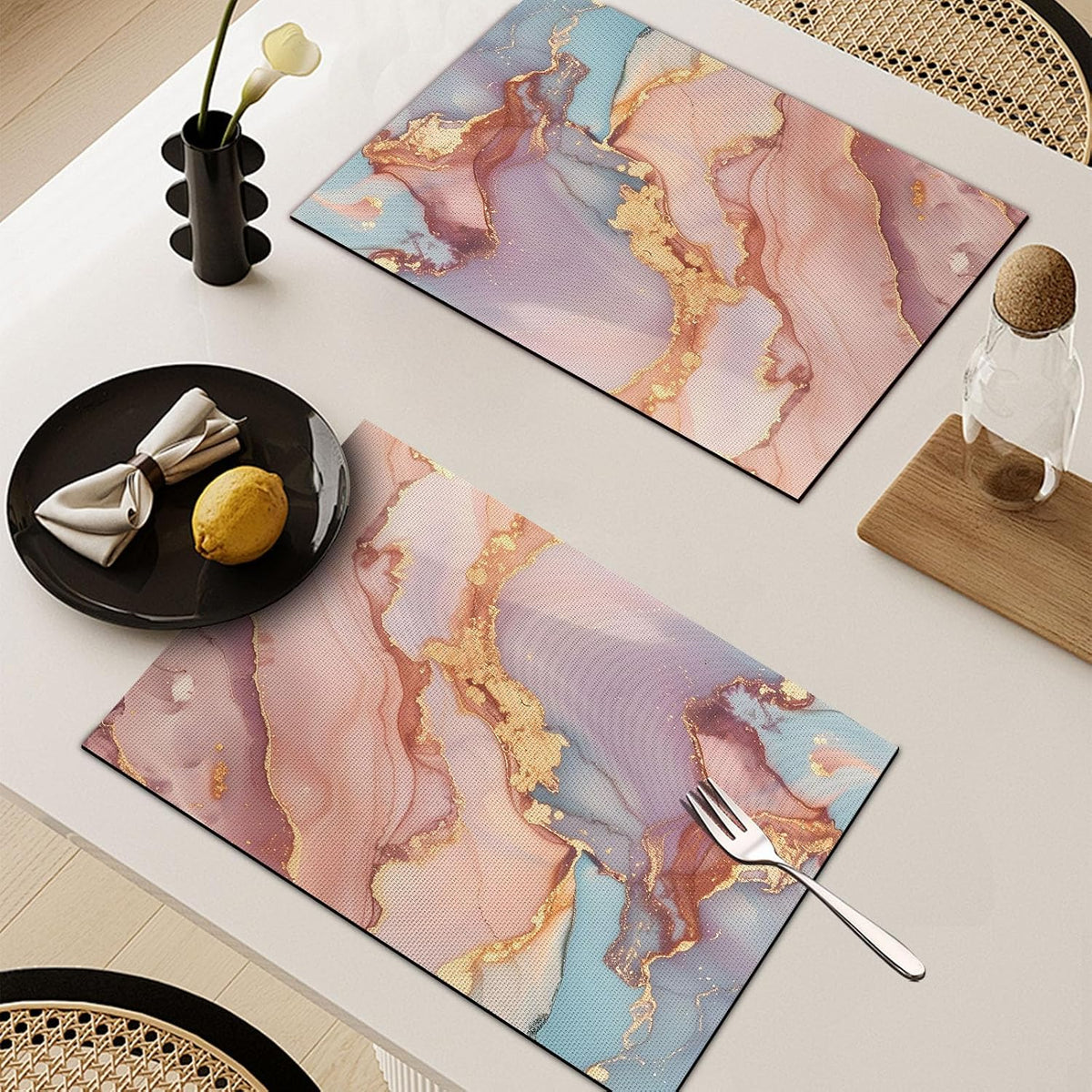 Placemats Set of 4, Slip Place Mats for Dining Table, Fall PVC Table Placemats Washable and Heat Resistant, Modern Table Mats for Kitchen, Dining, Party, Outdoor（Pink Gilded Marble）