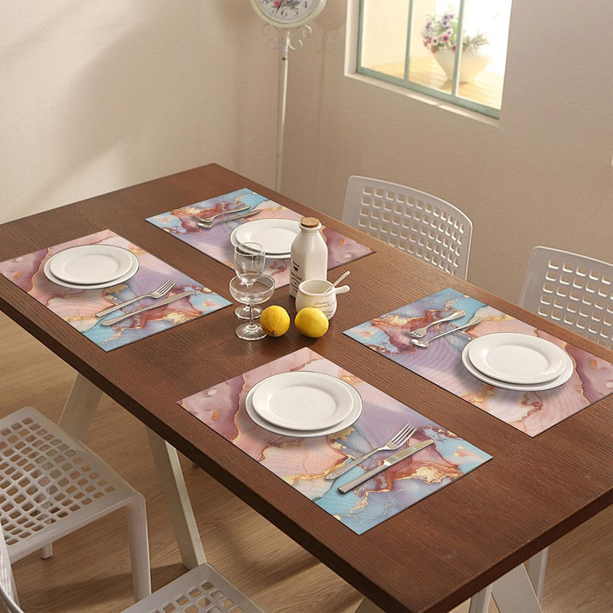 Placemats Set of 4, Slip Place Mats for Dining Table, Fall PVC Table Placemats Washable and Heat Resistant, Modern Table Mats for Kitchen, Dining, Party, Outdoor（Pink Gilded Marble）
