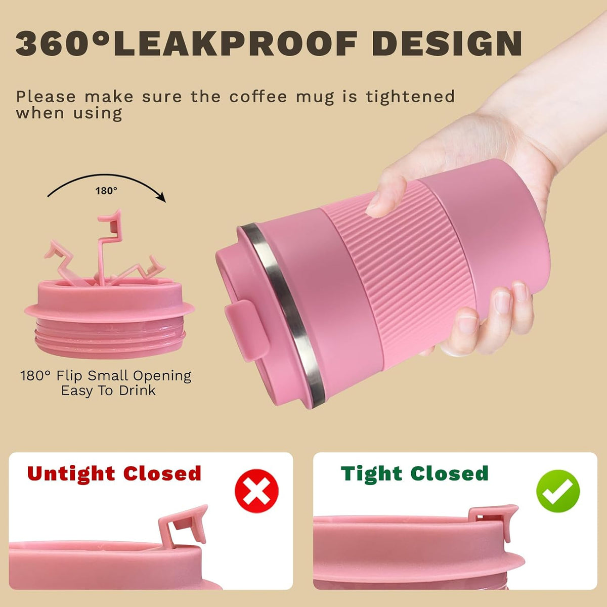 Stainless Steel Travel Coffee Mug with Lid, Vacuum Insulated Leak Proof Cup