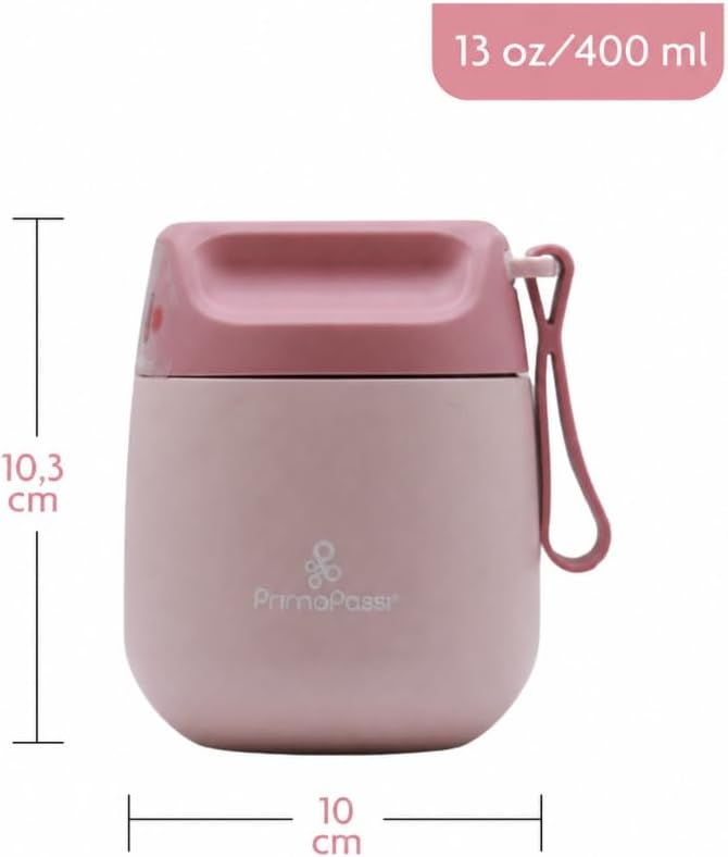 Insulated Food Jar for Kids & Babies – 12 oz /350 ml Stainless Steel Thermal Food Container with Easy-Open Lid & Silicone Carry Strap – Keeps Food Hot or Cold for Up to 8 Hours, Light Pink