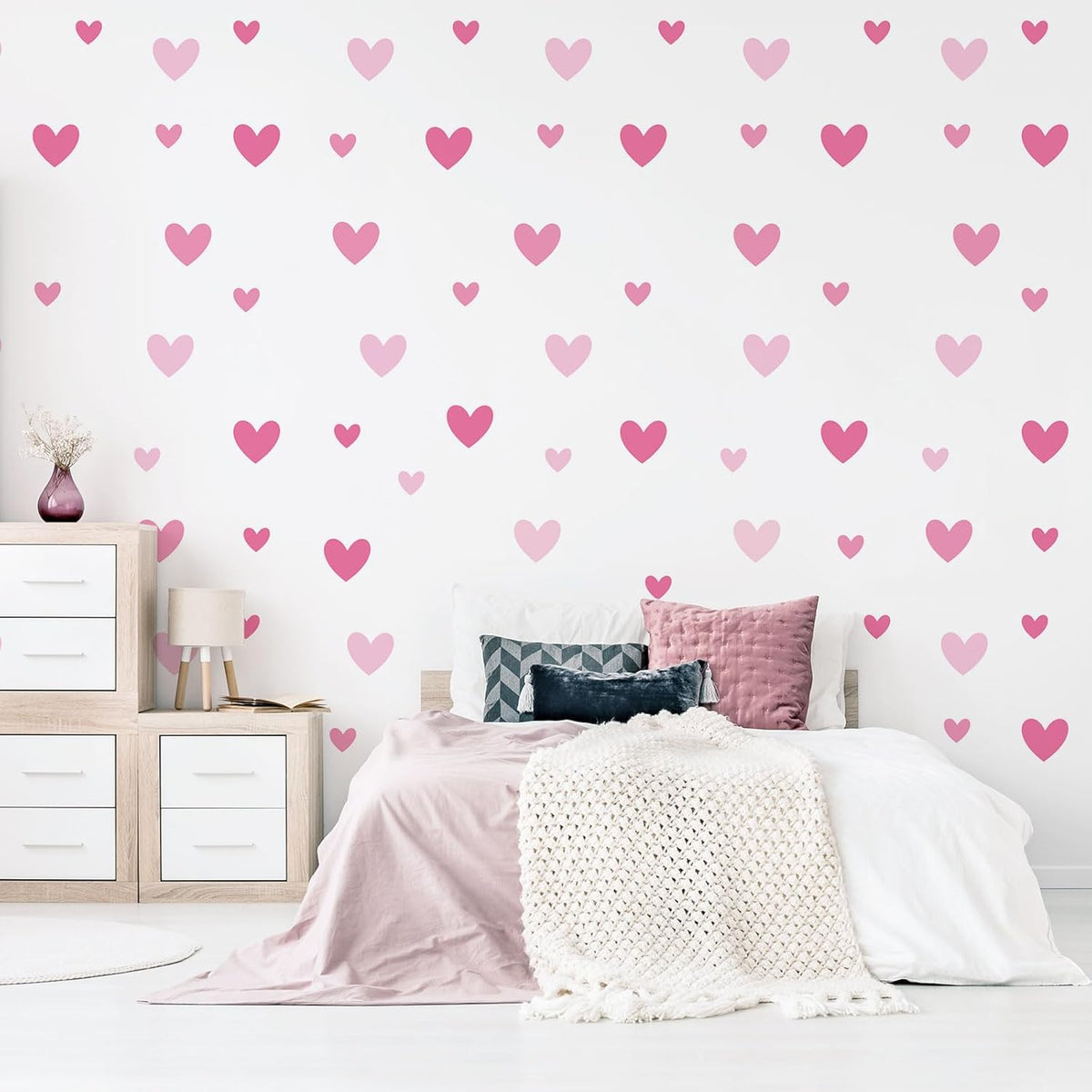 170 Pcs Heart Wall Decals - Peel and Stick Pink Decor for Girl Bedroom, Nursery, Playroom Decoration