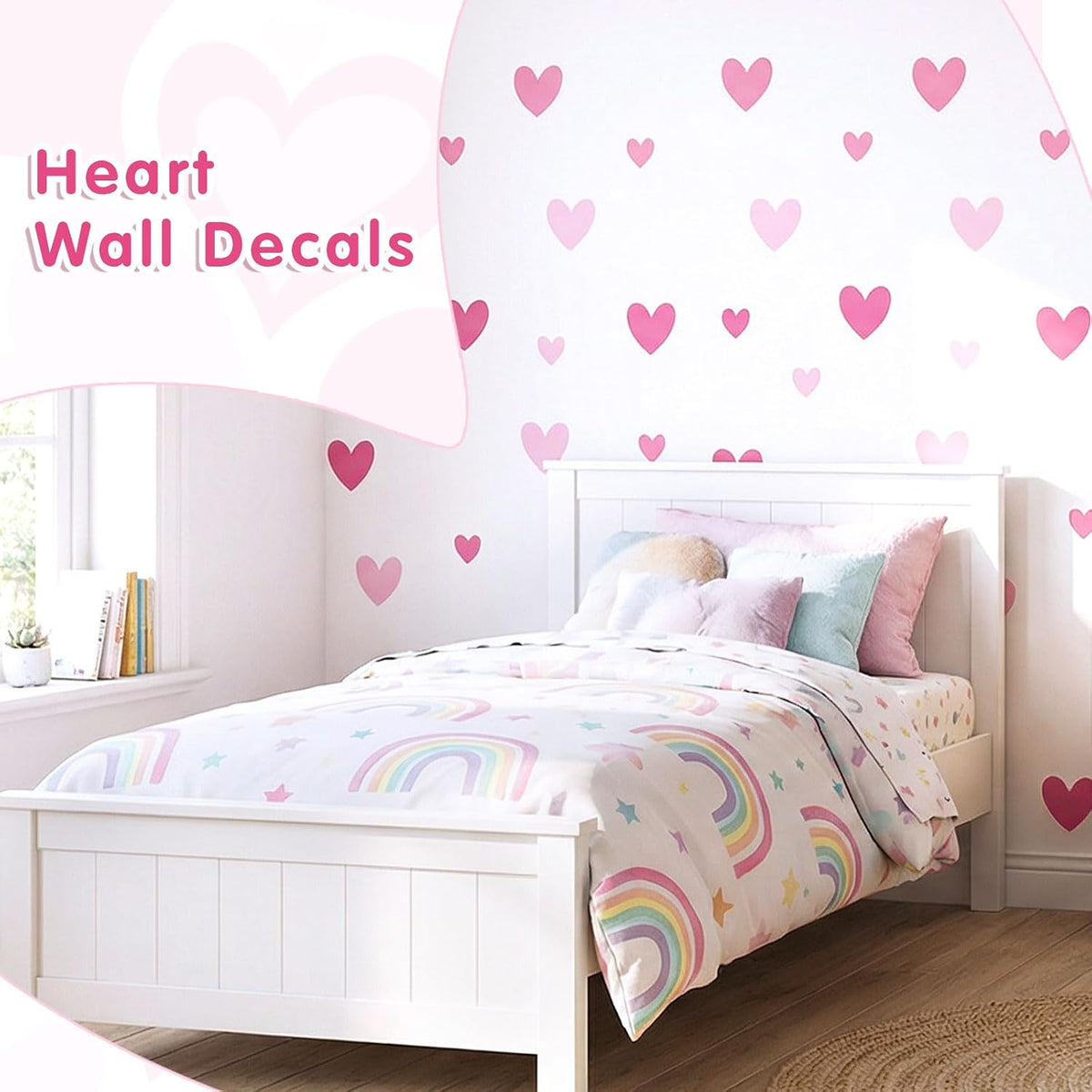 170 Pcs Heart Wall Decals - Peel and Stick Pink Decor for Girl Bedroom, Nursery, Playroom Decoration