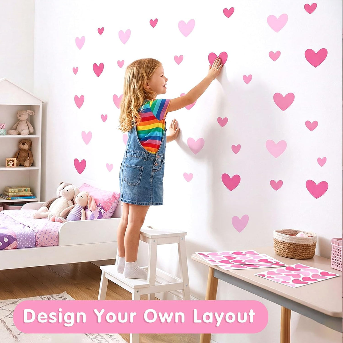 170 Pcs Heart Wall Decals - Peel and Stick Pink Decor for Girl Bedroom, Nursery, Playroom Decoration