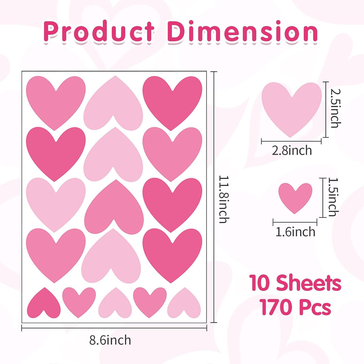 170 Pcs Heart Wall Decals - Peel and Stick Pink Decor for Girl Bedroom, Nursery, Playroom Decoration