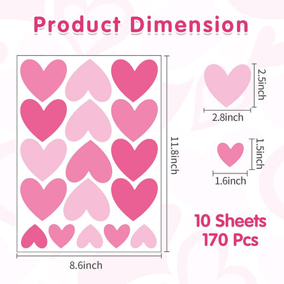 170 Pcs Heart Wall Decals - Peel and Stick Pink Decor for Girl Bedroom, Nursery, Playroom Decoration