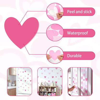 170 Pcs Heart Wall Decals - Peel and Stick Pink Decor for Girl Bedroom, Nursery, Playroom Decoration