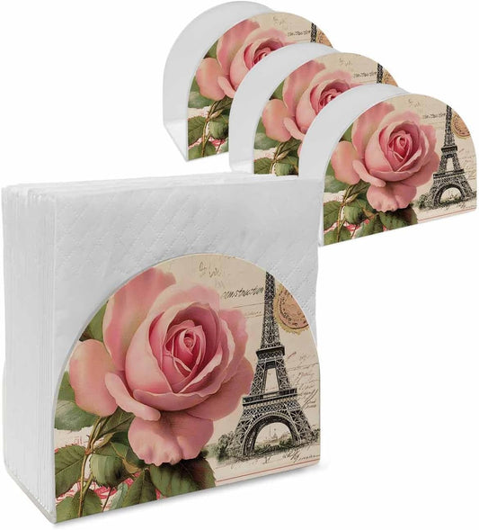Napkin Holder for Table 4 Pack Pink Rose Towel Leaf Acrylic Standing Napkin Holder Vintage Style Upright Tissue Dispenser for Dining Room Kitchen Countertops Indoor & Outdoor Use