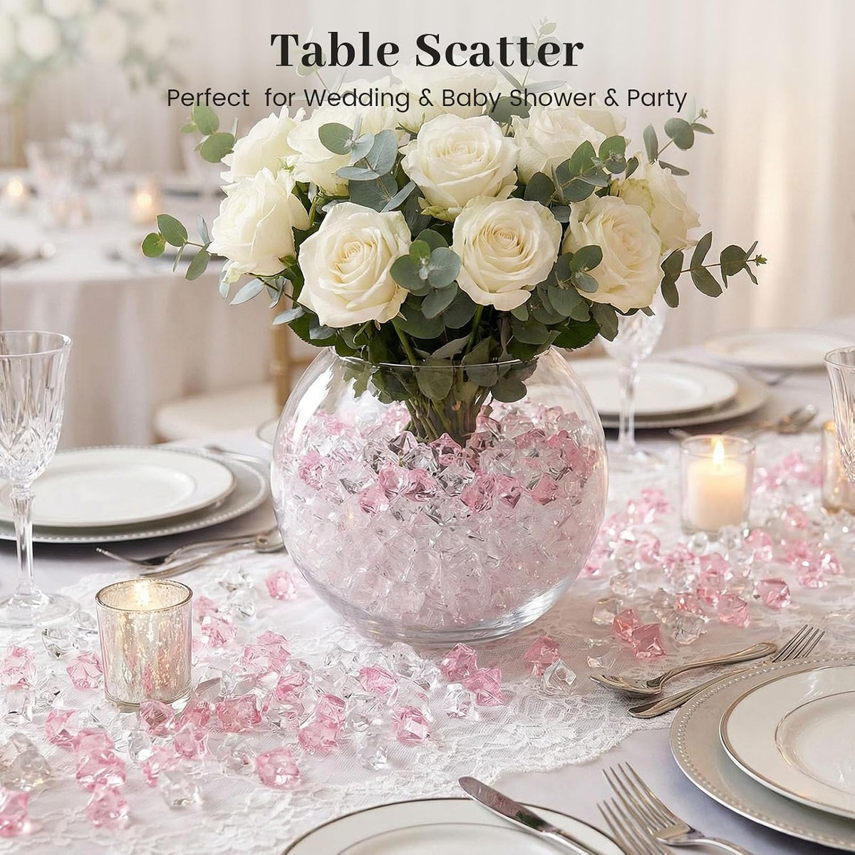 Pink and Clear Fake Ice Rocks, 150 PCS Acrylic Crystal Vase Filler