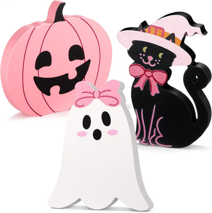 3 Pcs Pink Halloween Ghosts Wood Signs Table Decor,Black Cat
