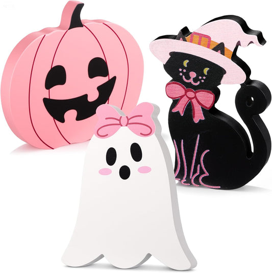 3 Pcs Pink Halloween Ghosts Wood Signs Table Decor,Black Cat
