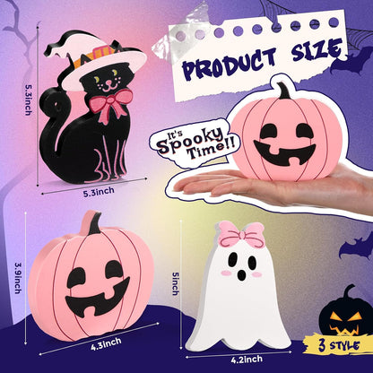 3 Pcs Pink Halloween Ghosts Wood Signs Table Decor,Black Cat