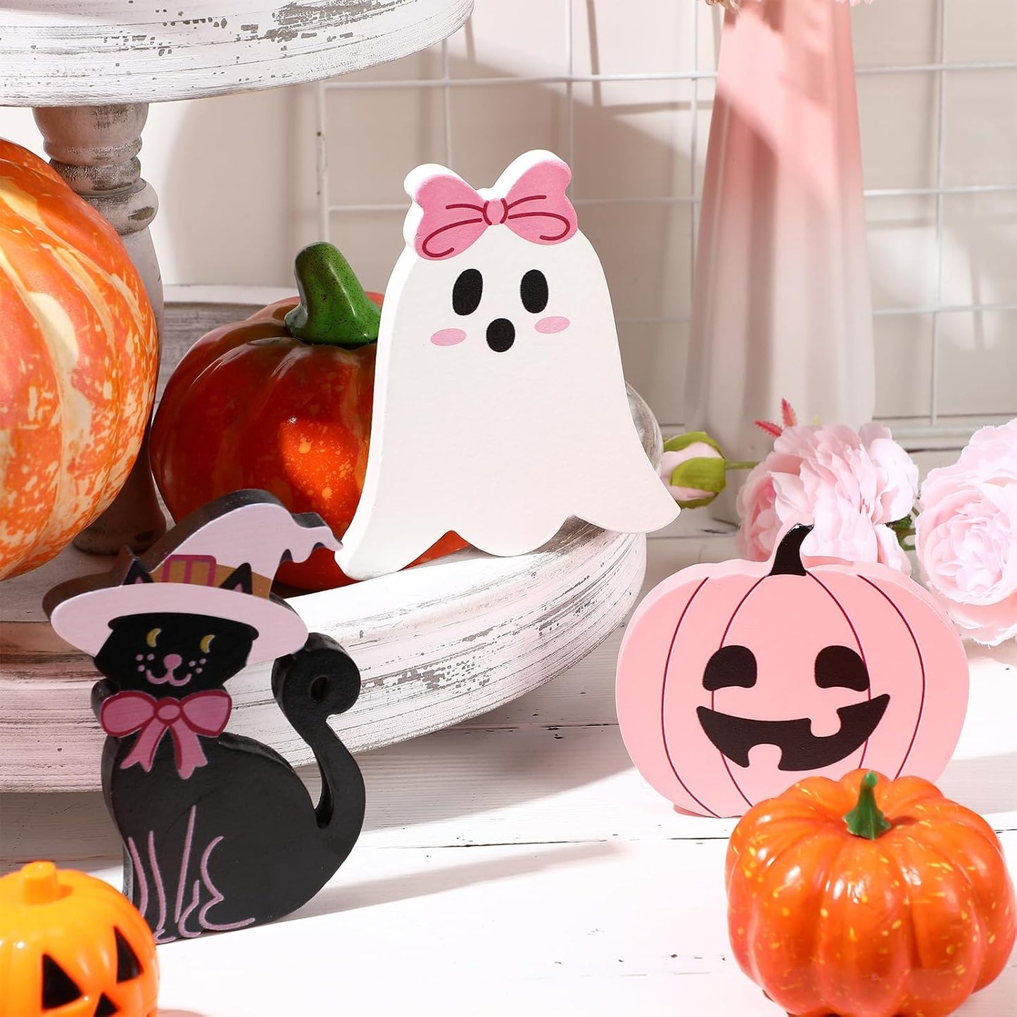3 Pcs Pink Halloween Ghosts Wood Signs Table Decor,Black Cat