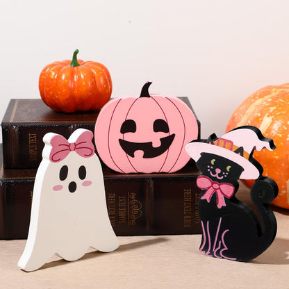 3 Pcs Pink Halloween Ghosts Wood Signs Table Decor,Black Cat