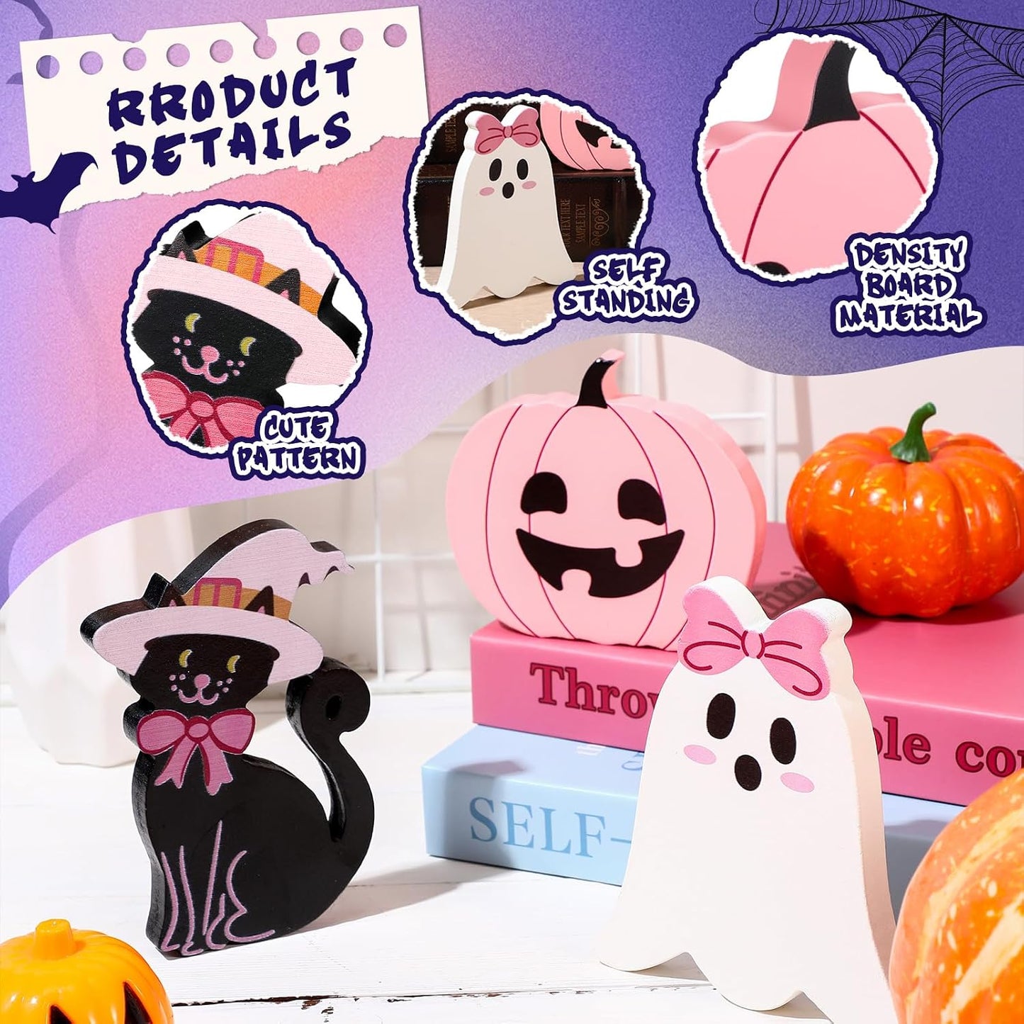 3 Pcs Pink Halloween Ghosts Wood Signs Table Decor,Black Cat